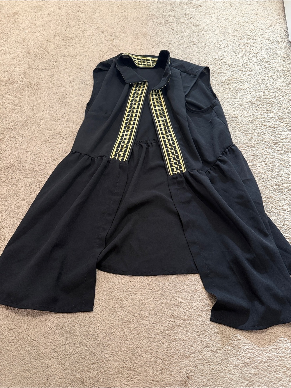 Black Sleeveless Tunic Coat with Geometric Trim